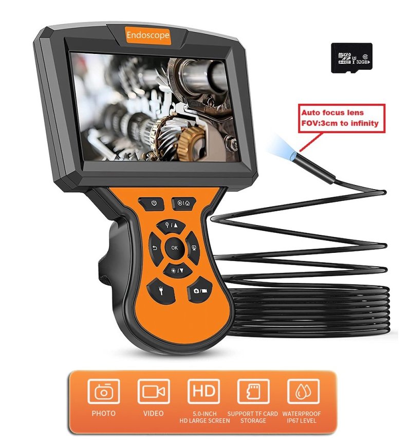 Endoskop HD Inšpekčná kamera s auto zaostrovaním + 5" displej + 9mm kamera s LED s IP68