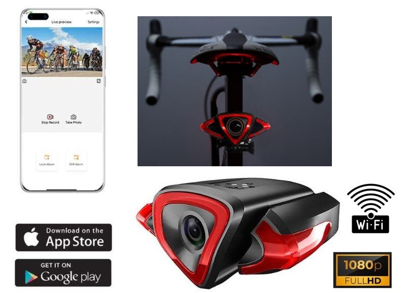 Zadná kamera na bicykel FULL HD + WiFi priamy prenos do smartfónu (iOS / Android) + LED signalizácia