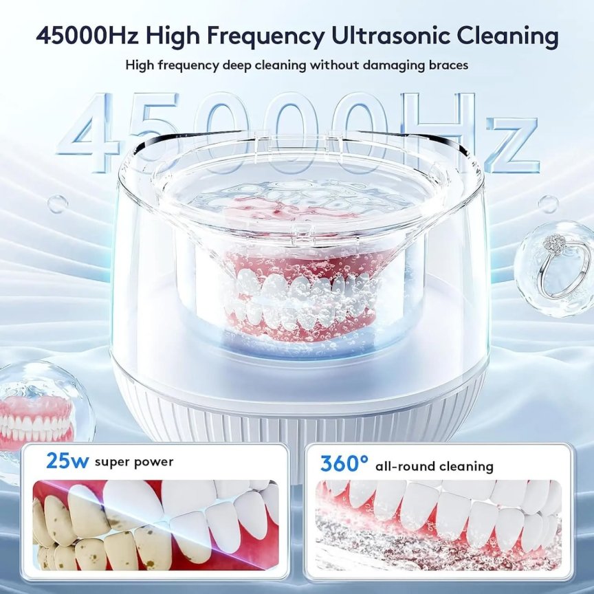 Ultrazvukový čistič zubných protéz a šperkov - UV-C + 45 kHz + 210 ml