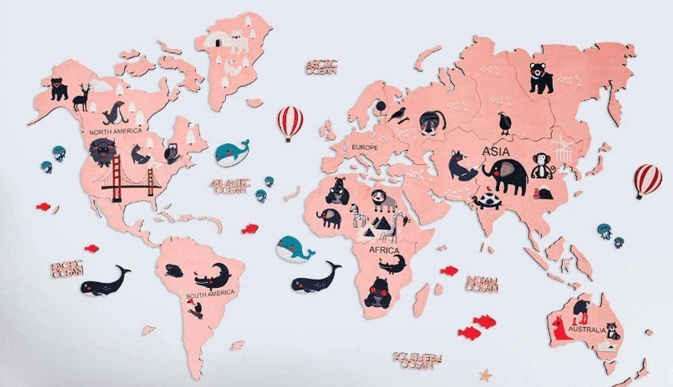 2D mapa sveta z dreva na stenu 150×90 cm – Ružová mapa sveta na stenu pre deti