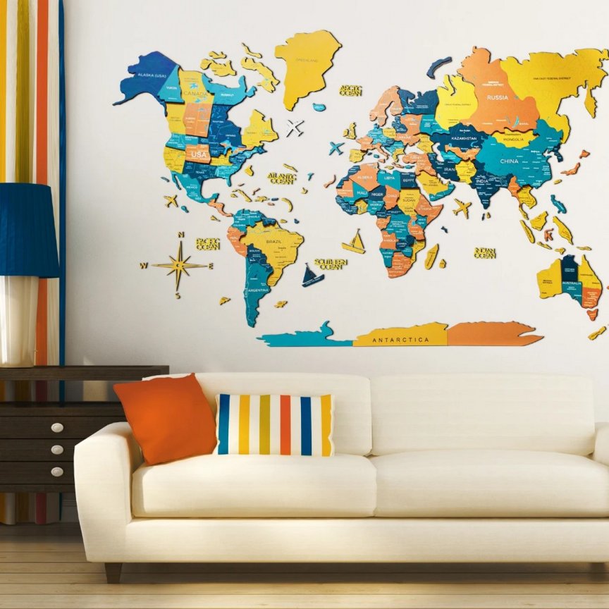 3D mapa světa ze dřeva SUNRISE 100x60cm – obraz na zeď 3D mapa světa