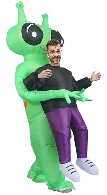 Kostým mimozemšťan zelený – nafukovací oblek Alien s ventilátorom na Halloween