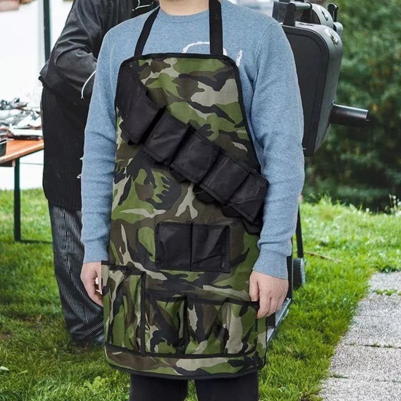 Zástěra grilovací maskáčová - zástěra vojenská BBQ s kapsami na grilovačku