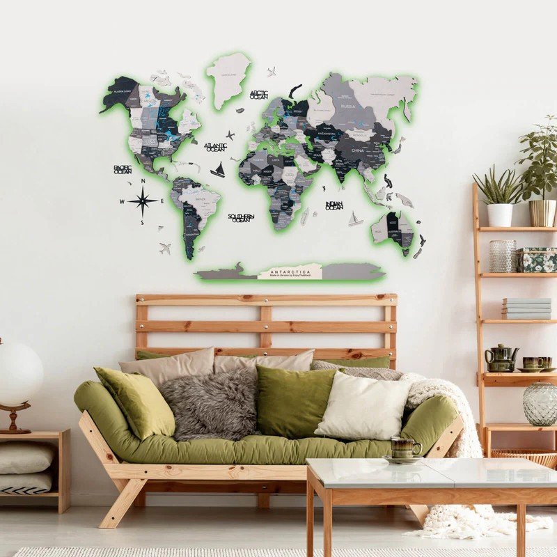 Dřevěná 3D LED mapa světa 200×120 cm (šedá) – dřevěná dekorace s ovládáním