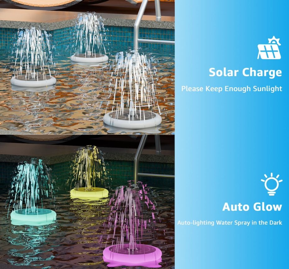 Fontana do bazena zahradna LED svietiaca farebná RGB - Solárna so 6 tryskami