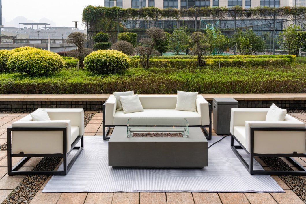 Plynový krb s ohništěm - exteriérový + stůl - zahradní ohniště LUXURIO 140x70cm šedé