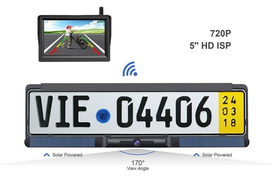 Solární zadní couvací kamera AHD HD s Wifi v SPZ s 170° + 5" AHD monitor