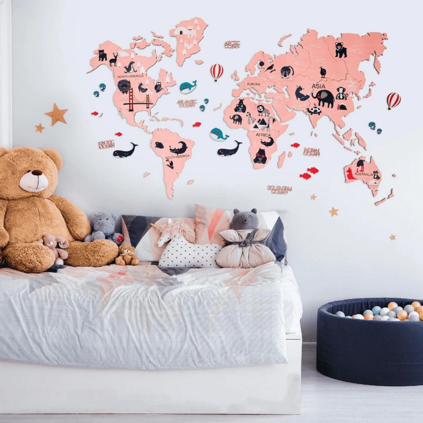 2D mapa sveta z dreva na stenu 150×90 cm – Ružová mapa sveta na stenu pre deti
