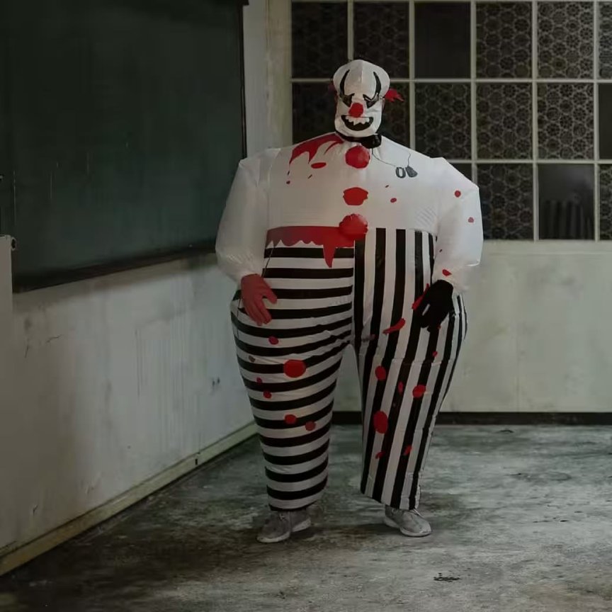 Kostým klaun strašidelný – halloweenský oblek nafukovací pro dospělé s ventilátorem