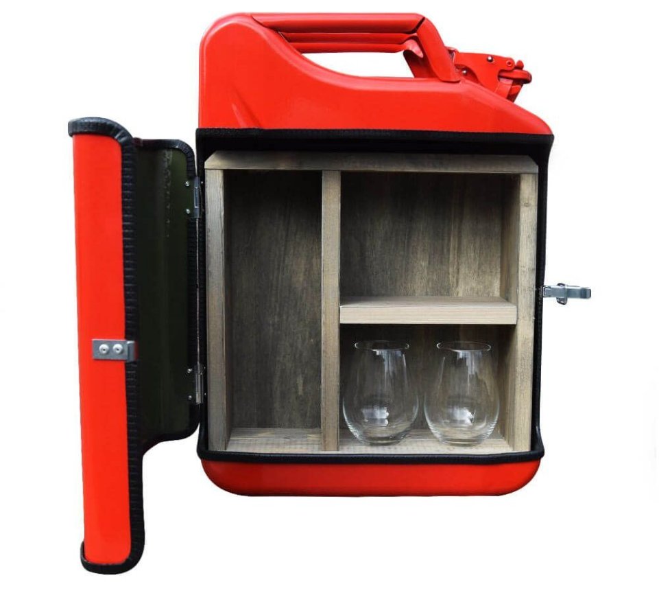 Minibar ve tvaru kanystru červený – kanystr na gin, 20 l úložný bar