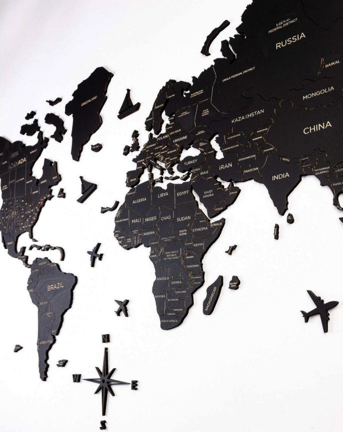 3D dřevěná nástěnná mapa světa ze dřeva – černý dekor, 100 × 60 cm mapa na zeď