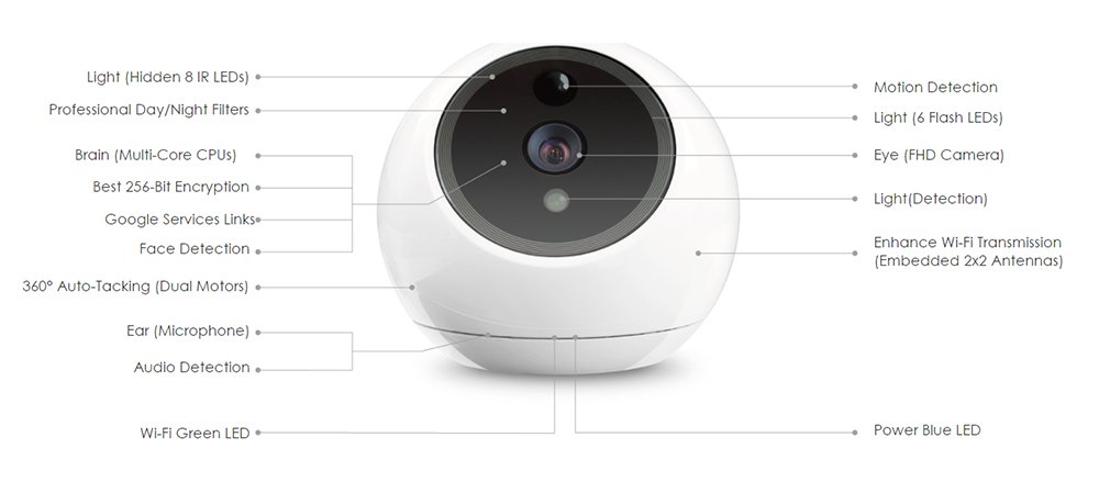 Smart camera ATOM 360° + auto + monitoraggio e rilevamento volti