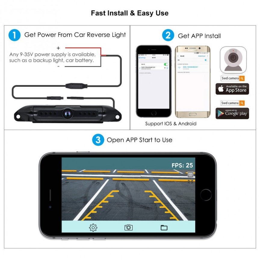 Parcheggio WiFi Telecamera cellulare a 170° con visione notturna + IP68