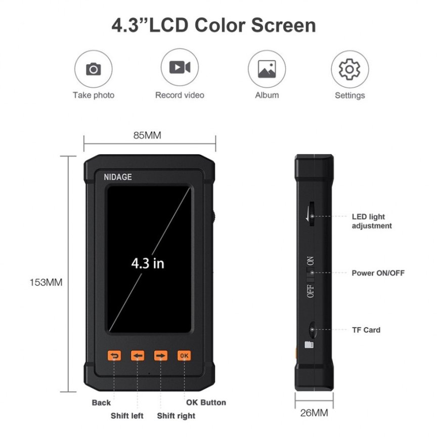 Borescope FULL HD camera waterproof + 4,3" display + 6xLED