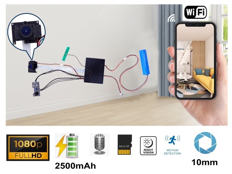 Full HD мини 10 мм WiFi/P2P IR LED камера - Рибешко око 145°