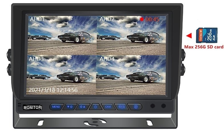 Monitor auto de 7" pentru 4 camere de marșarier AHD/CVBS + ÎNREGISTRARE