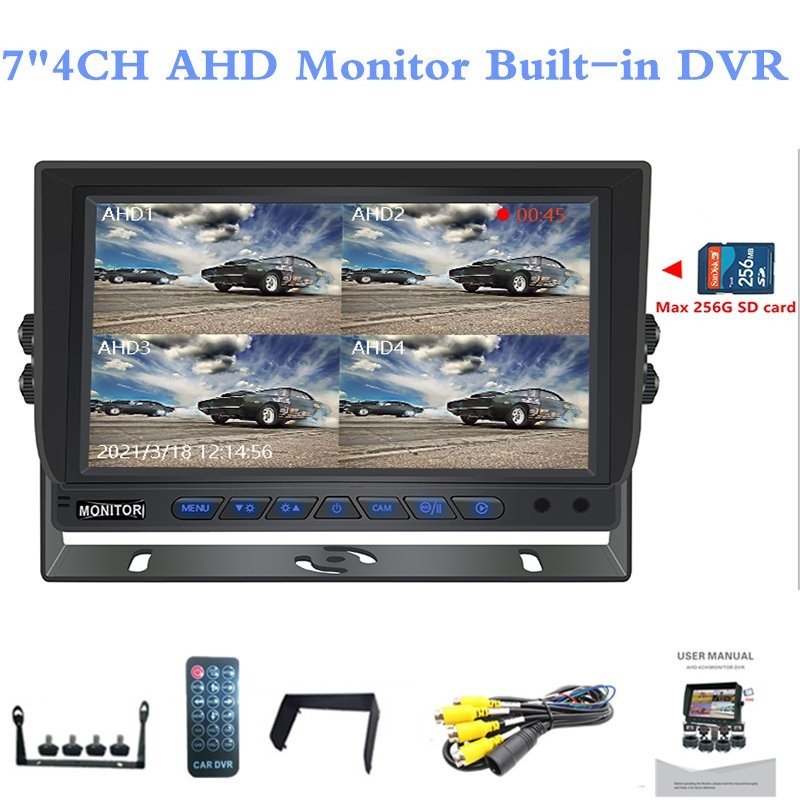 Monitor auto de 7" pentru 4 camere de marșarier AHD/CVBS + ÎNREGISTRARE