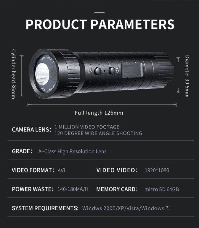 Fotocamera torcia FULL HD con IPX6 + luce LED + bussola