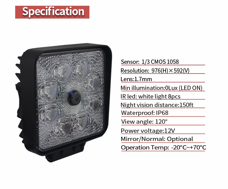 Vodotesné cúvacie kamery s uhlom záberu 120° a pracovným osvetlením 8x LED s výkonom 1154 lm