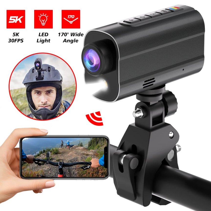 Športová akčná 5K WiFi kamera na bicykel + 3W LED svetlo + 6-osová stabilizácia