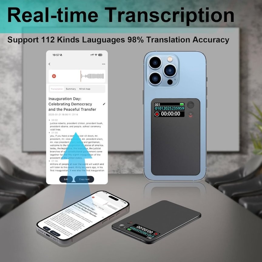 Registratore Vocale AI – Trascrizione E Riepilogo In 256 Lingue, Cancellazione Rumore, 64GB E Design Magnetico