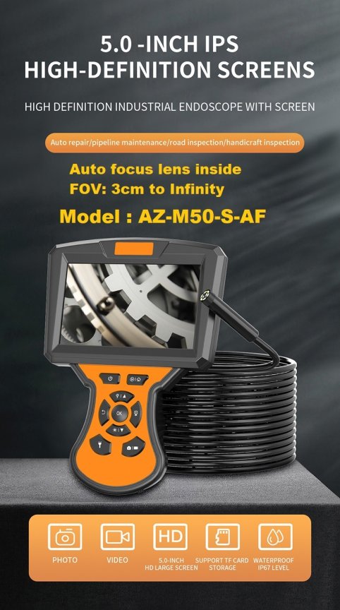 Endoskop HD Inšpekčná kamera s auto zaostrovaním + 5" displej + 9mm kamera s LED s IP68
