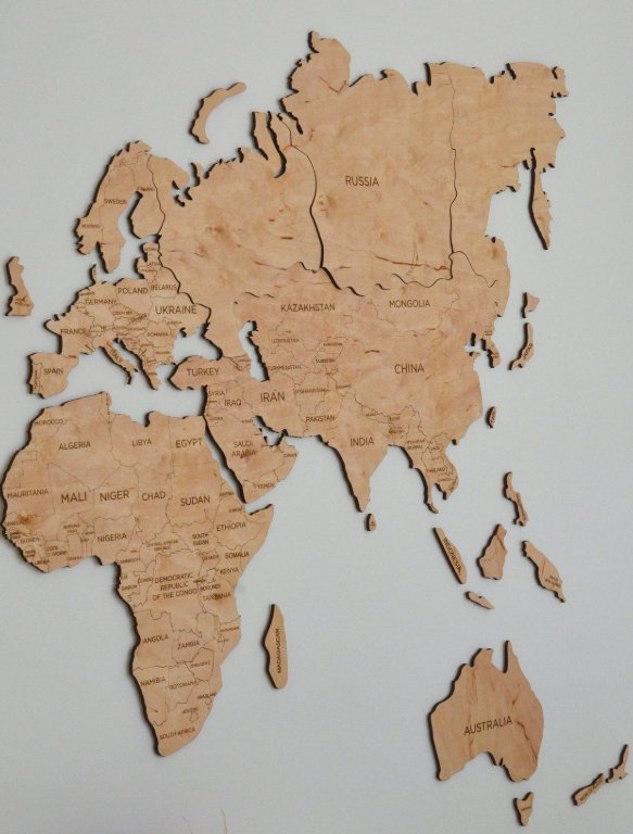 Nástěnná mapa světa dřevěná 3D – světlé dřevo, 100×60 cm dřevěný obraz na zeď