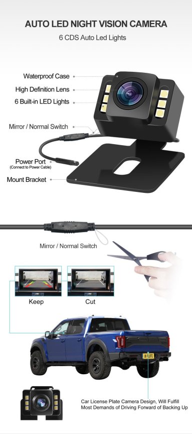 Set cúvacej kamery do auta s 4,3" monitorom + zadná kamera so 6 LED (IP68)
