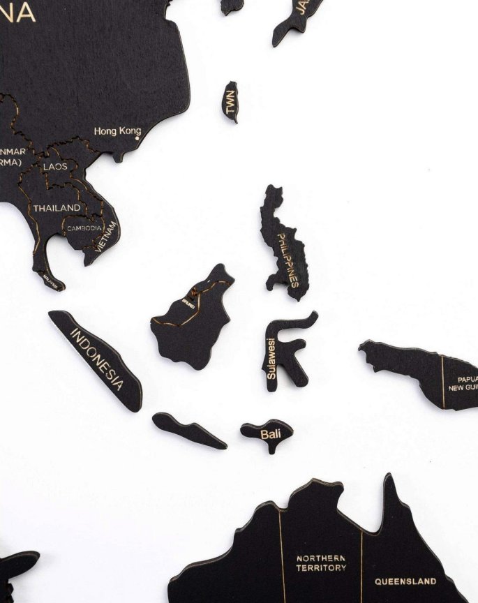 3D dřevěná nástěnná mapa světa ze dřeva – černý dekor, 100 × 60 cm mapa na zeď