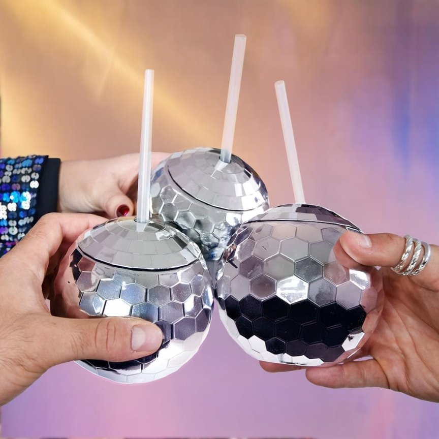 Poháre disco guľa 600 ml – sada 3 pohárov + slamky