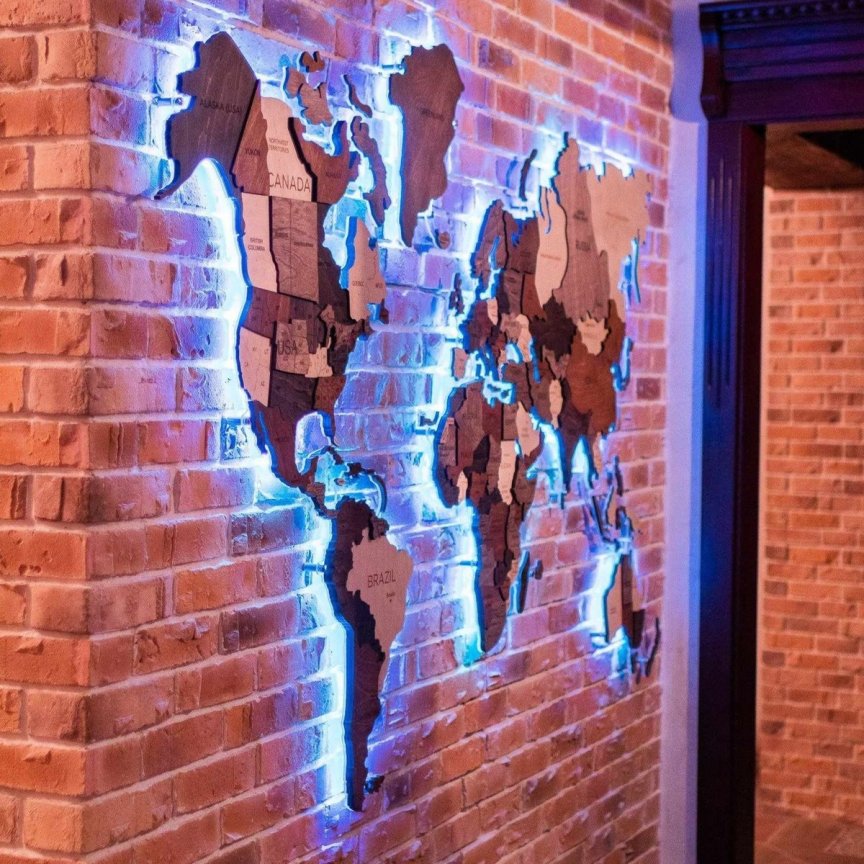 3D dřevěná mapa světa 150x90cm - nástěnný obraz s LED podsvícením