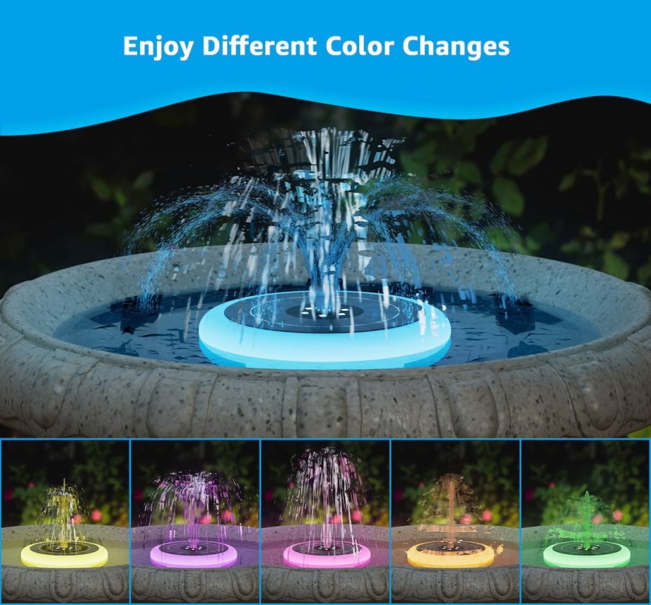 Fontana do bazena zahradna LED svietiaca farebná RGB - Solárna so 6 tryskami