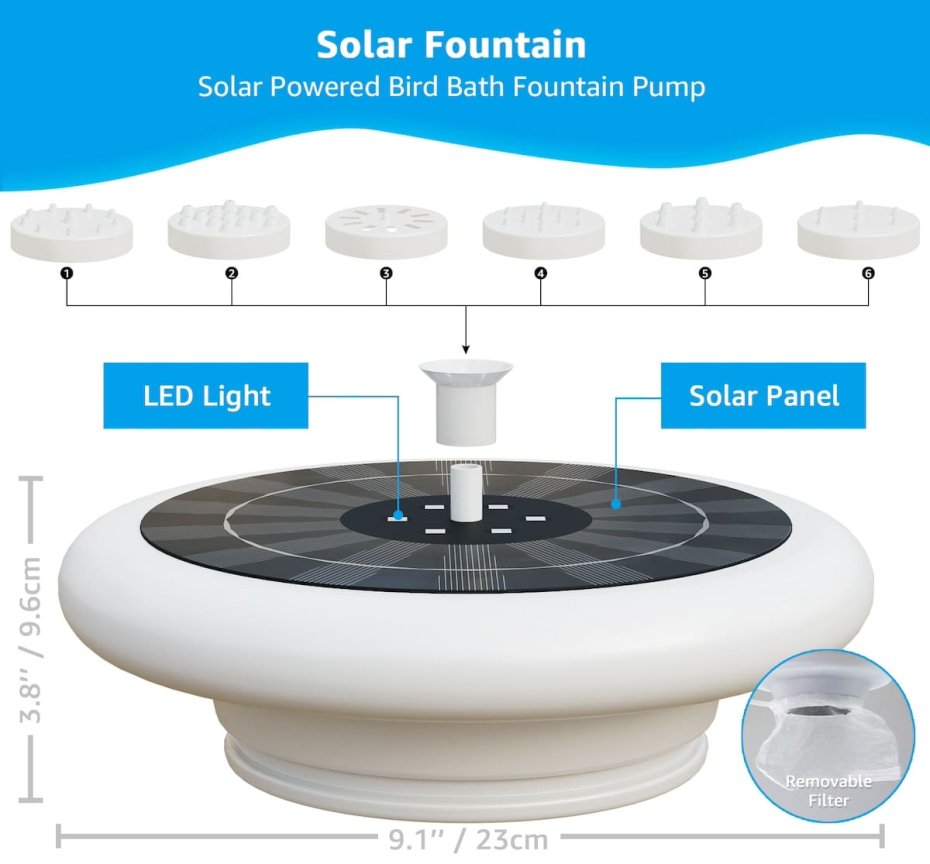 Fontana do bazena zahradna LED svietiaca farebná RGB - Solárna so 6 tryskami