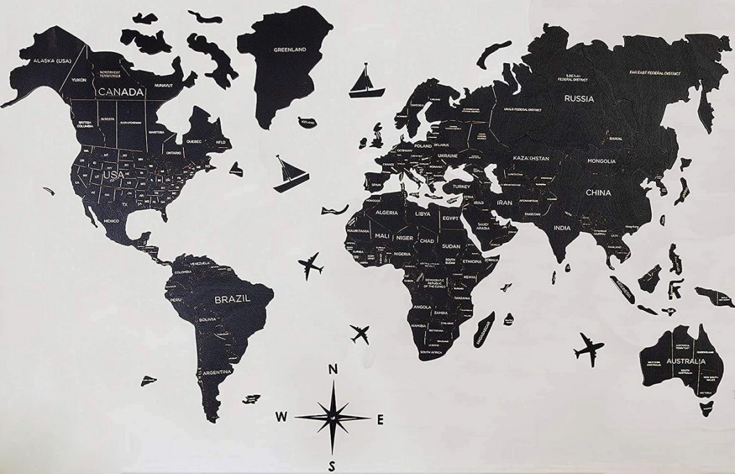 3D dřevěná nástěnná mapa světa ze dřeva – černý dekor, 100 × 60 cm mapa na zeď