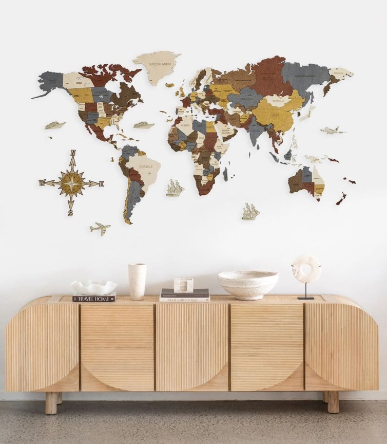 Mapa světa nástěnná - 4D dřevěná mapa světa 250x125 cm obraz na zeď INDIGO