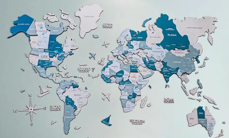 3D dřevěná mapa světa AQUA 100×60 cm – moderní 3D dekorace na zeď