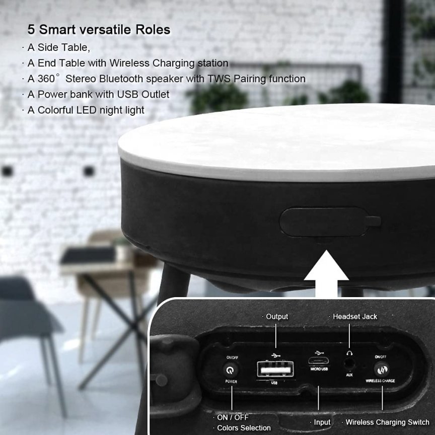 Přiruční stolek s Bluetooth reproduktory a LED osvětlením s 12x LED do interiéru i exteriéru IP44