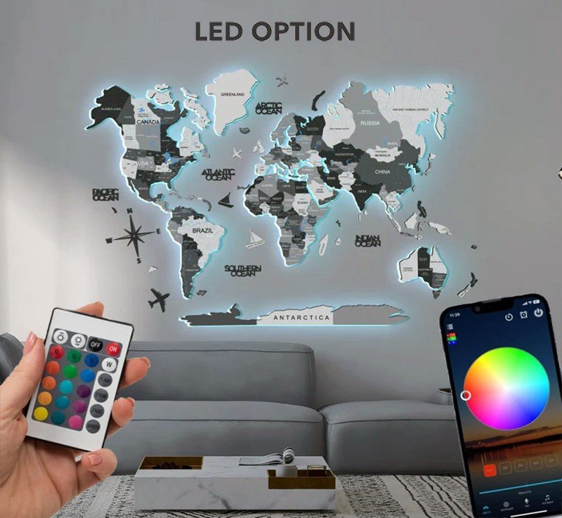 Dřevěná 3D LED mapa světa 200×120 cm (šedá) – dřevěná dekorace s ovládáním