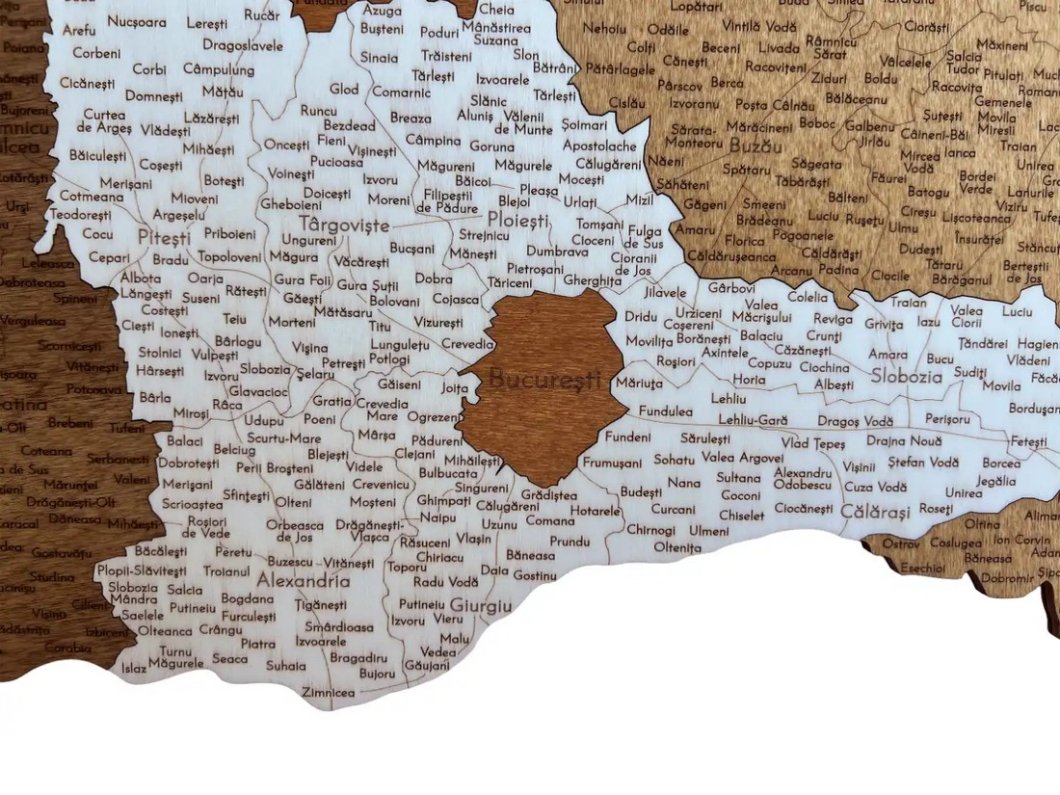 3D dřevěná nástěnná mapa Rumunska s vyznačenými městy 56,5×80 cm