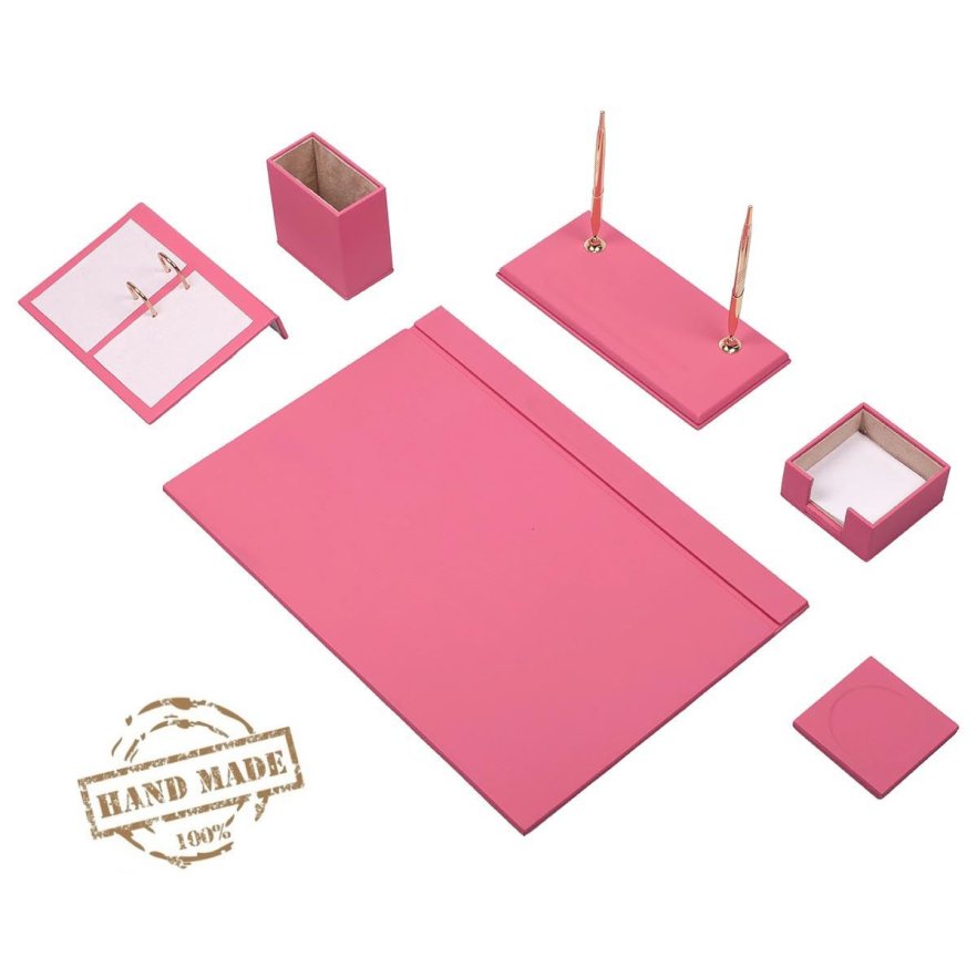 Kancelářský set dámský - růžová kůže, 8 doplňků do kanceláře, 100% handmade