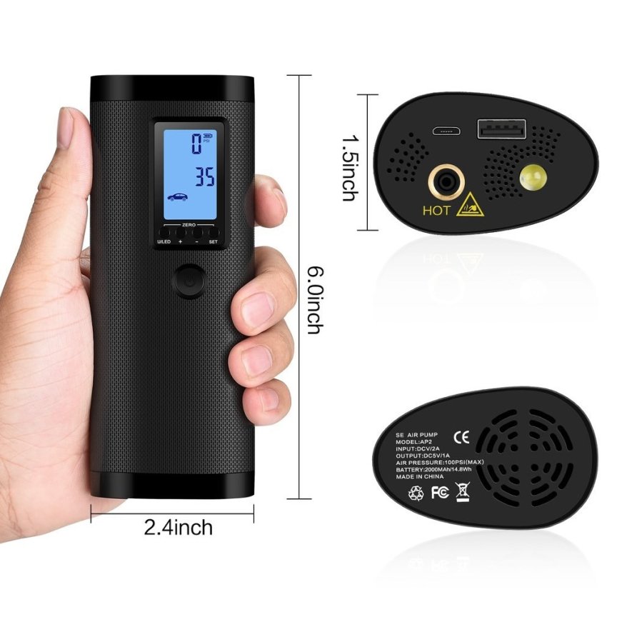 Elektrická smart pumpa na auto a bicykel – prenosný mini kompresor 120 PSI + powerbanka + LED baterka