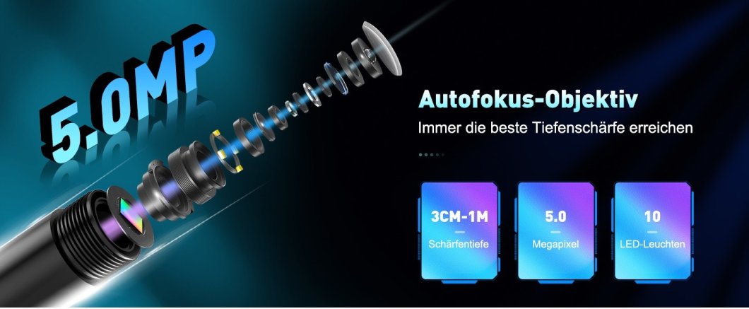 Endoskop HD Inšpekčná kamera s auto zaostrovaním + 5" displej + 9mm kamera s LED s IP68