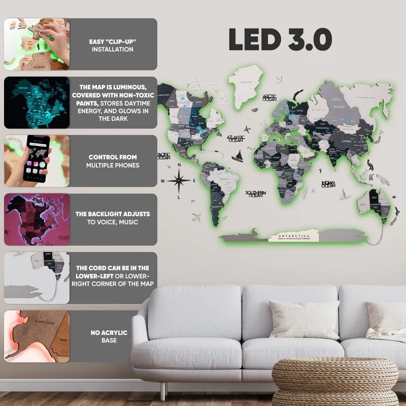 Dřevěná 3D LED mapa světa 200×120 cm (šedá) – dřevěná dekorace s ovládáním