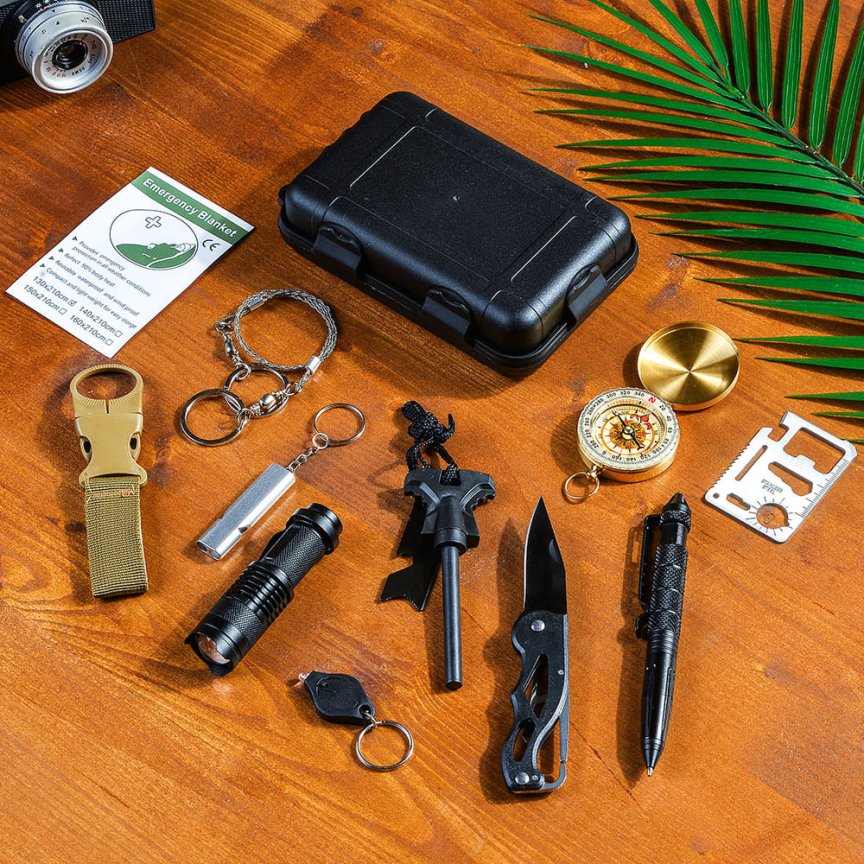 Multifunkčné nástroje na prežitie sada 13v1 – survival kit s multifunkčnými nástrojmi