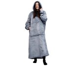 Deka k telce - mikina huňatá s rukávy + kapuce + kapsa 165 cm - šedá
