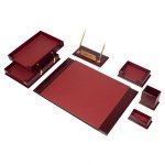 Kancelářský set – luxusní 8-dílný set na pracovní stůl (ořech + kůže Bordeaux)