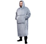 Deka k telce - mikina huňatá s rukávy + kapuce + kapsa 165 cm - šedá