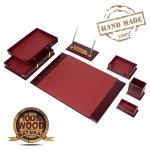Kancelářský set – luxusní 8-dílný set na pracovní stůl (ořech + kůže Bordeaux)