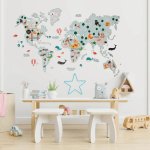 2D dřevěná mapa světa na zeď 150×90 cm – nástěnný obraz do dětského pokoje (Modrá)