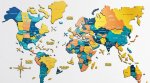 Drevená 3D mapa sveta SUNRISE 200x120cm – 3D dekorácia na stenu z dreva farebná